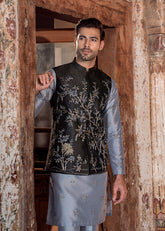 ENCHANTING BLACK FLORALS WAISTCOAT/KURTA TROUSER